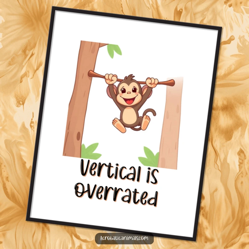 Funny digital art print of an energetic monkey swinging, bringing instant excitement and playful jungle vibes to any room. Perfect gift.