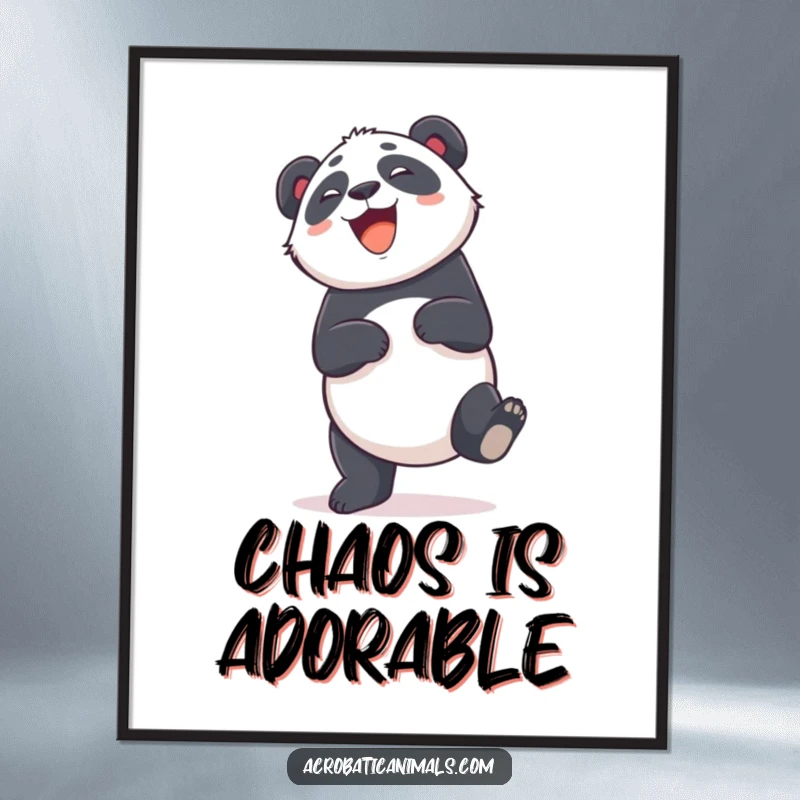 Funny digital art print of a giggling panda doing a cartwheel, bringing instant cheer and adorable humor to any room. Perfect gift.