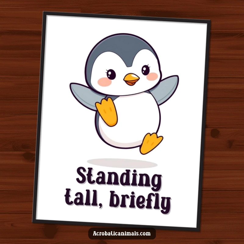 Funny Penguin Flipper Balance Digital Art Print: A leaping penguin gracefully balancing on one flipper, high-resolution downloadable art for instant smiles.