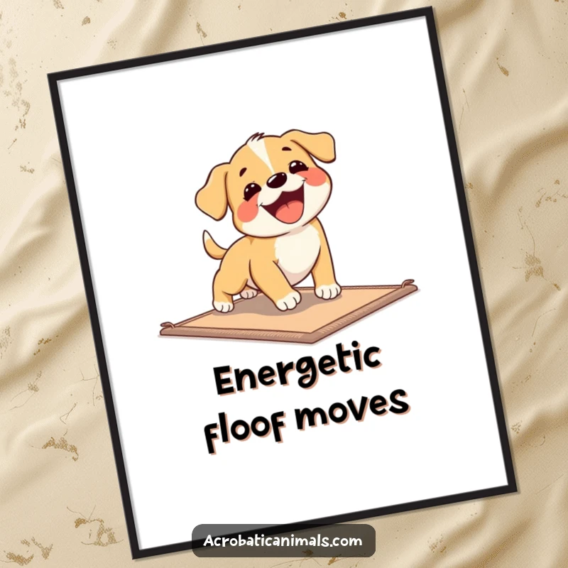 Funny Puppy Exercise Digital Art Print showing a happy puppy in a comical tumble, ideal for printable wall decor and instant joy.