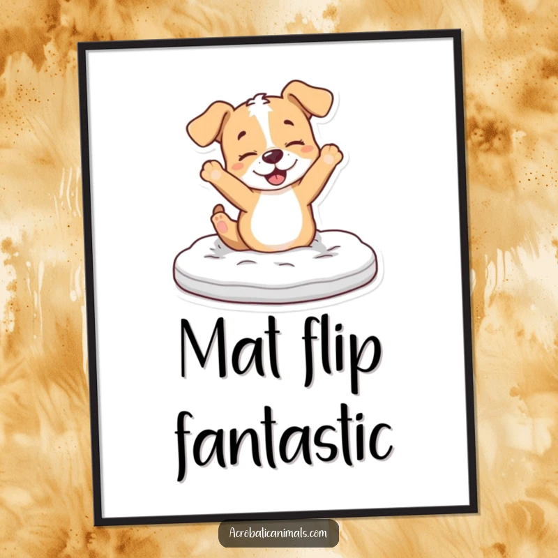 Funny Puppy Digital Art Print: A playful puppy character is dramatically flipping over a foam mat, full of life.