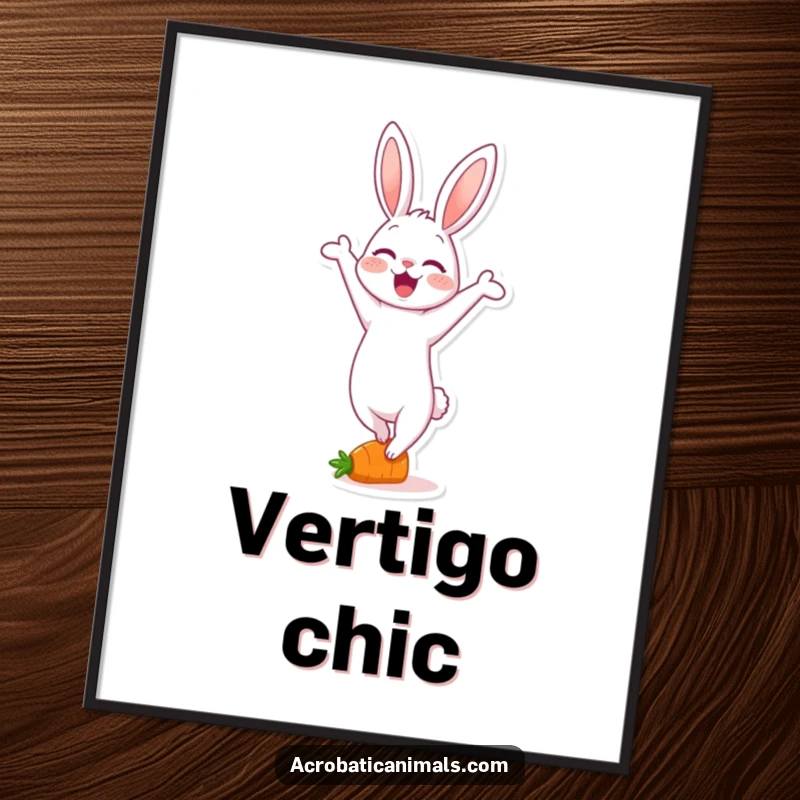 Funny digital art print of a delighted rabbit character performing a handstand on a tiny carrot, bursting with energy and humor.