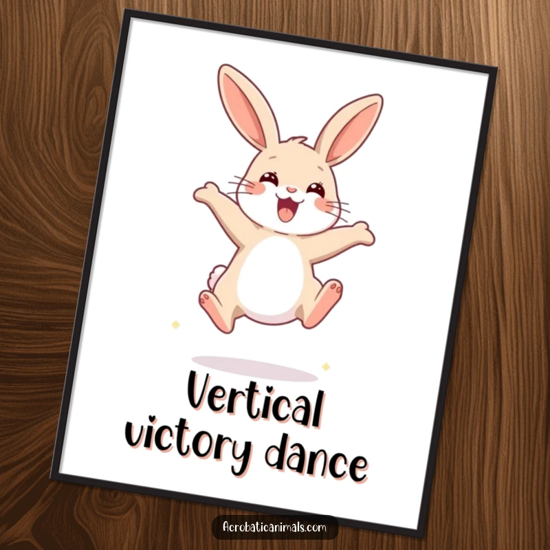 Funny Rabbit Jump Digital Art Print showing a happy rabbit executing a high jump, ideal for printable wall decor and instant cheer.