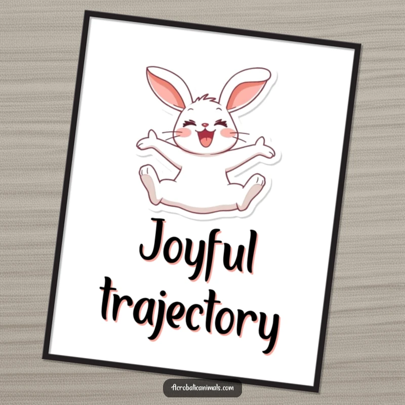 Funny rabbit digital art print of a joyous bunny doing a split jump, ears flopping, for humorous and energetic wall decor.