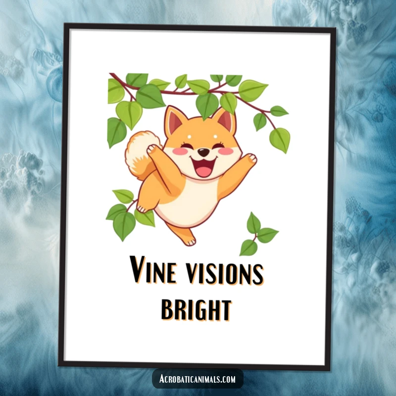 Funny Shiba Inu digital art print of a happy puppy swinging from a vine, perfect for dynamic wall decor, a unique funny gift.