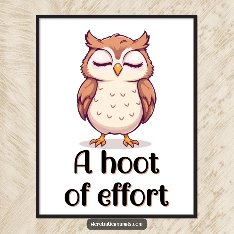 Funny sleepy owl attempting a handstand with a smile, rendered as a digital art print for immediate peaceful wall decor.
