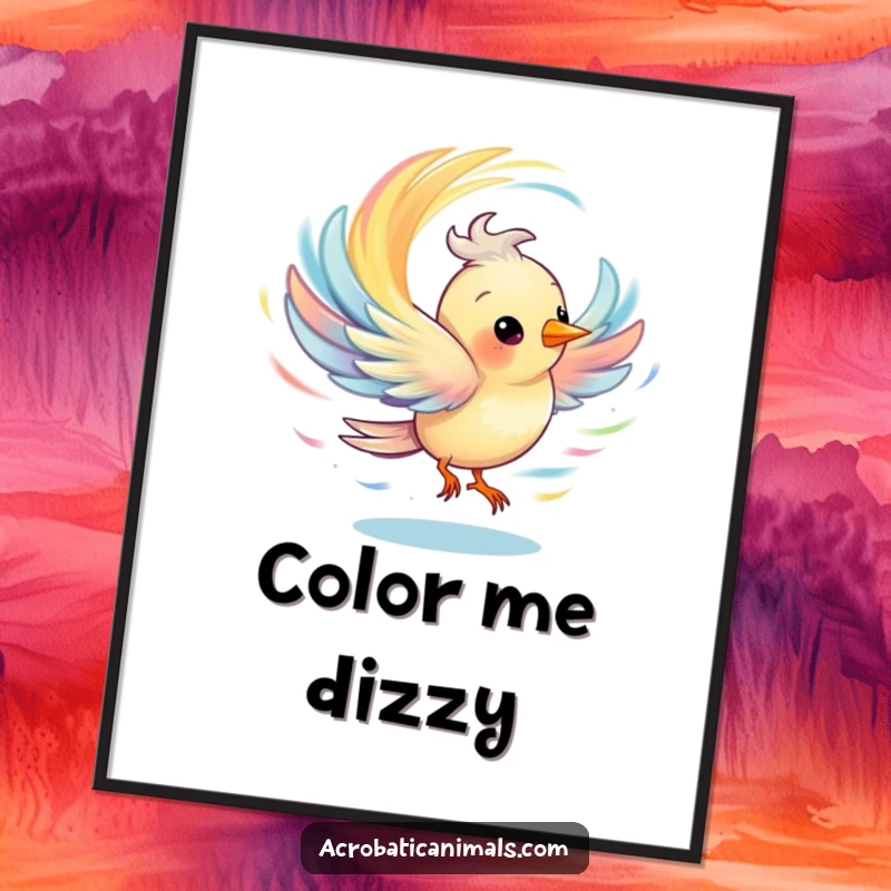 Funny digital art print of a bird spinning to create an energetic and colorful whirlwind, full of visual excitement.