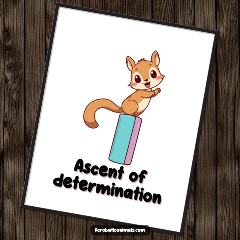 Funny squirrel climbing digital art print, featuring a determined squirrel scaling a tall, colorful bar. Instant humorous motivational decor, perfect gift.