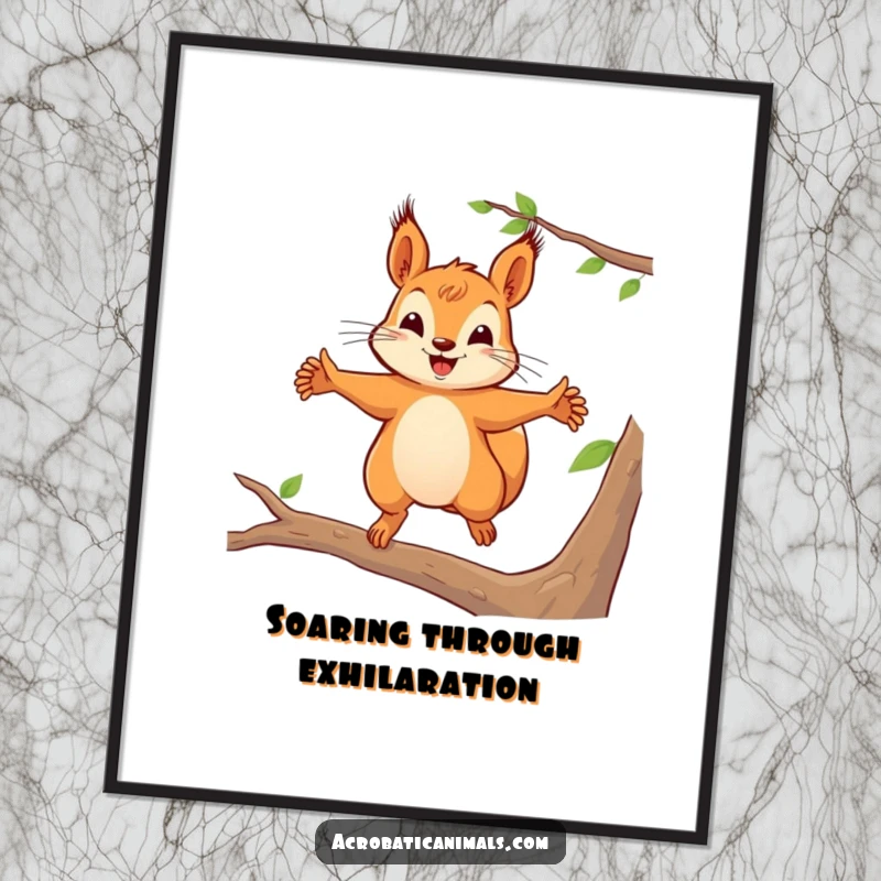 Funny squirrel digital art print of a dynamic leap, vibrant and joyful, an immediate funny gift for art lovers.