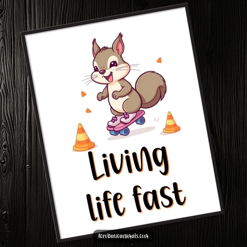 Funny digital art print of a hyperactive squirrel on roller skates, masterfully weaving around cones with comical agility and speed.