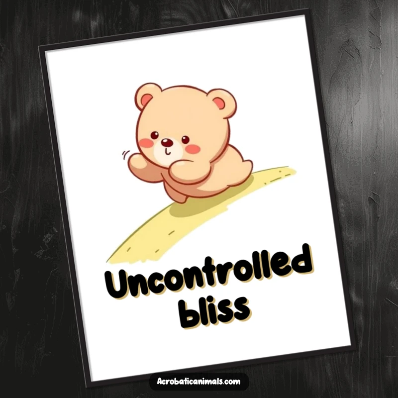 Funny digital art print of a bear cub happily tumbling down a gentle slope, capturing a moment of pure joy.