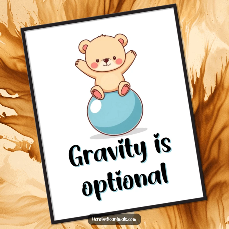 Funny bear cub balancing on a giant yoga ball, rendered as a digital art print for immediate humorous wall decor.