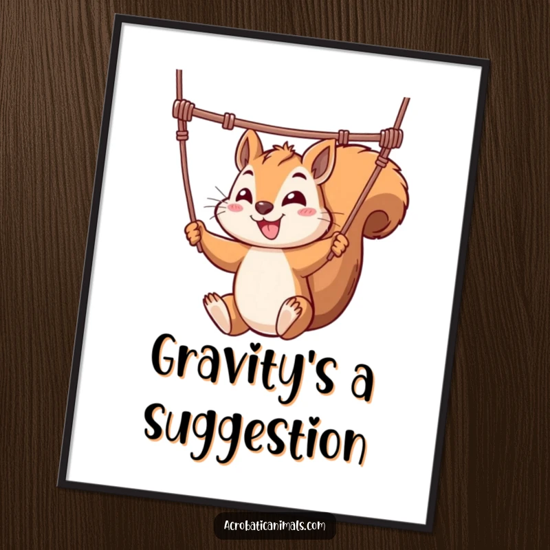 Funny digital art print depicting a mischievous squirrel artistically swinging from a trapeze, capturing dynamic movement and humor.