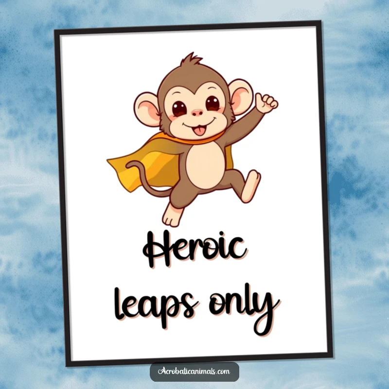 Funny digital art print of a silly monkey superhero in a cape, mid-leap, conveying action, bravery, and pure comedic delight.