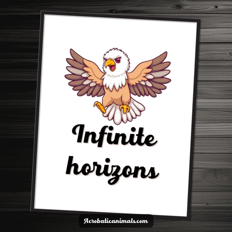 Funny eagle digital art print of a proud bird soaring with outstretched wings in a loop, for majestic and humorous wall decor.