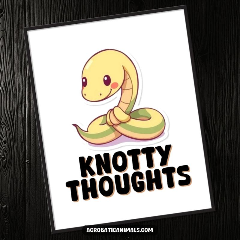 Funny digital art print of a snake character tied into a playful knot, showcasing flexibility and humorous charm.