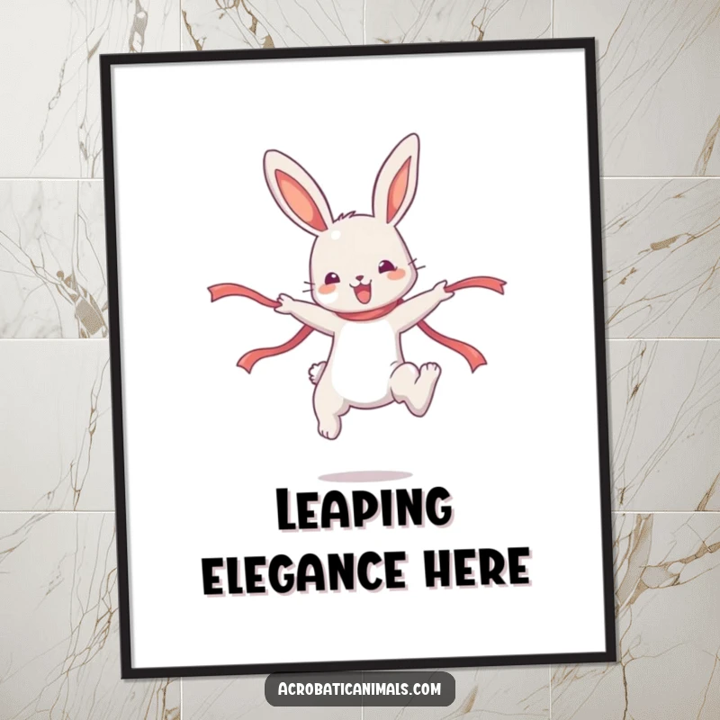 Funny Bunny Digital Art Print: A cute bunny character performs a graceful high jump with a ribbon, full of energy.