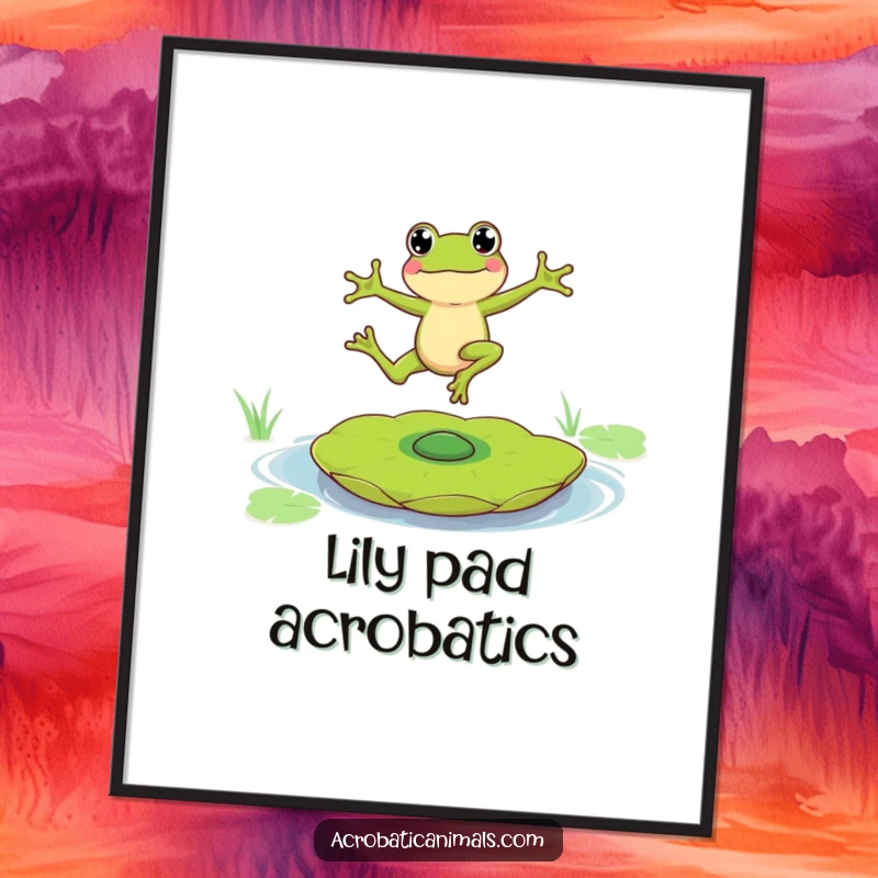 Funny digital art print capturing a frog character mid-leap, balancing on a spinning lily pad, perfect for instant humorous decor.