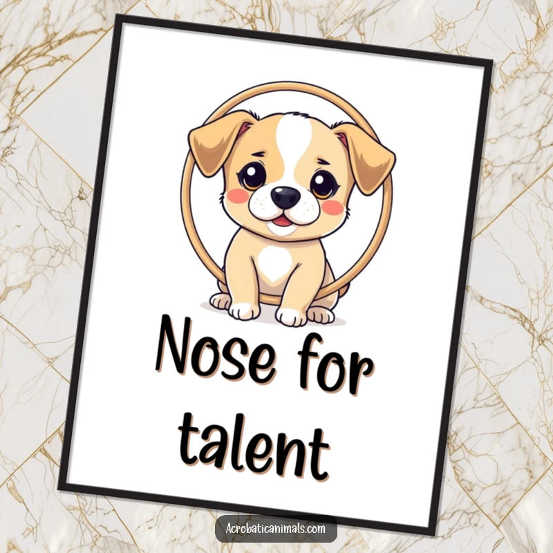 Funny digital art print of a small dog balancing a hoop on its nose, showcasing impressive focus and adorable talent.