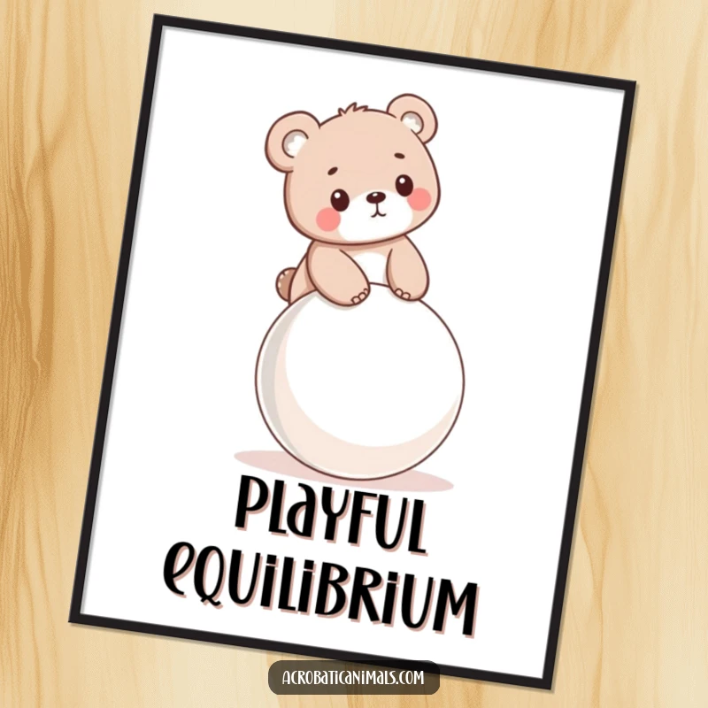 Funny digital art print of a little bear cub balancing on a bouncy ball, perfect for adorable and humorous decor.