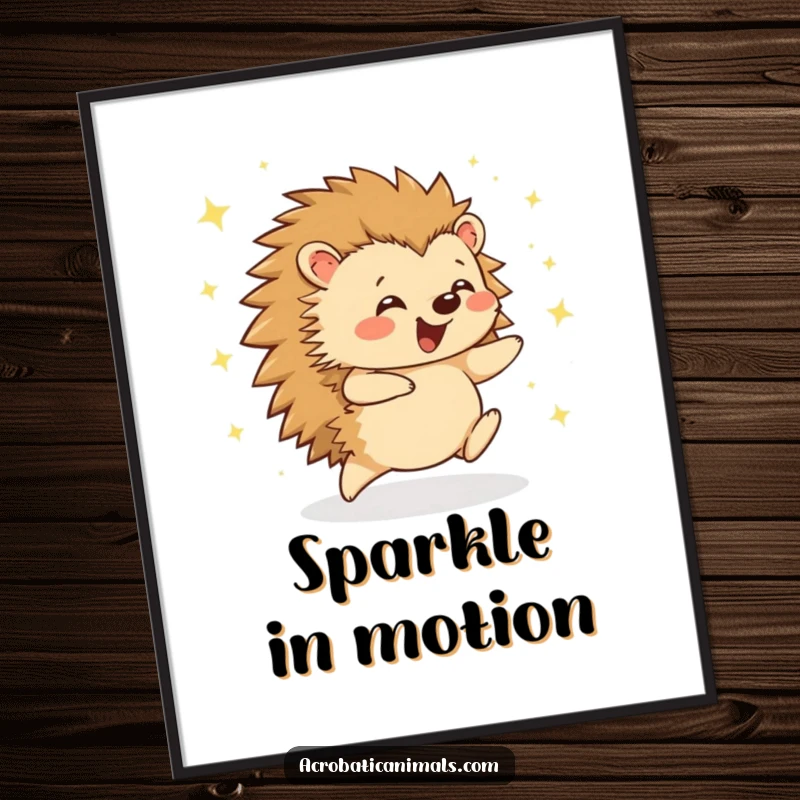 Funny hedgehog cartwheel digital art print, featuring an ecstatic hedgehog cartwheeling with vibrant sparkles. Instant humorous wall decor, perfect gift.