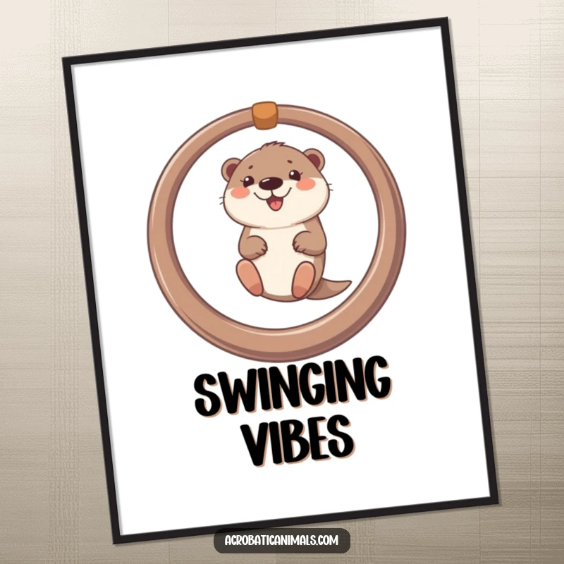 Funny digital art print of a smiling otter swinging energetically on a ring, perfect for vibrant, humorous decor.