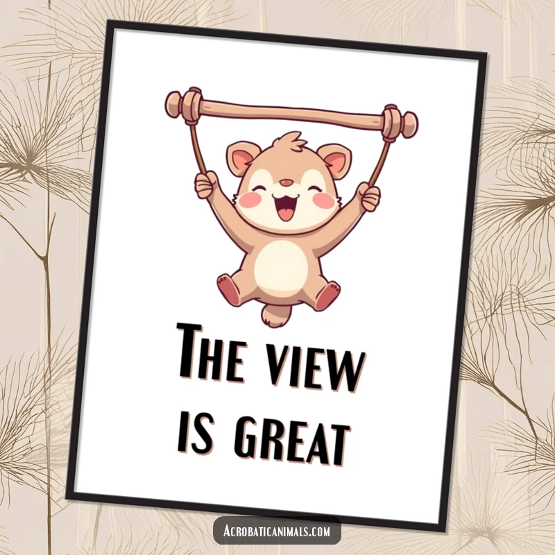 Funny digital art print of a gleeful animal swinging joyfully from a bar, radiating pure happiness and infectious delight for uplifting decor.