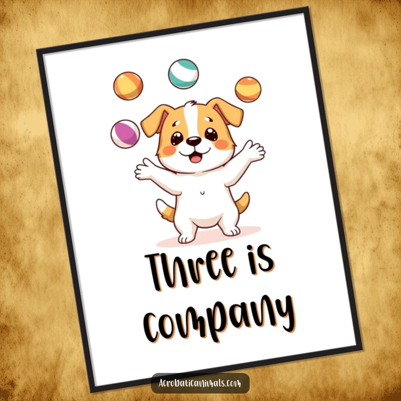 Funny digital art print of a dog character juggling three colorful balls, perfect for adding instant humorous wall decor.