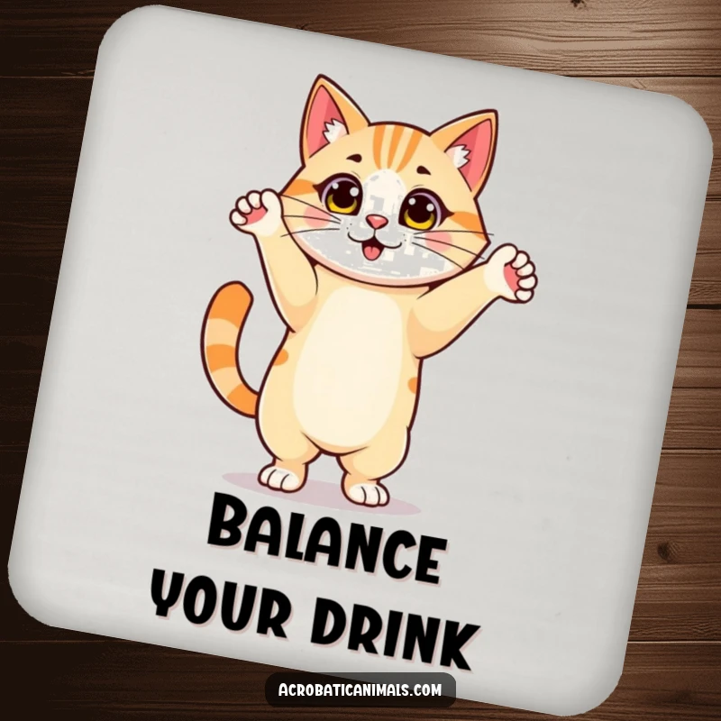 Funny coaster featuring a proud cat in a handstand, protecting surfaces with feline grace and humor. Excellent gift.