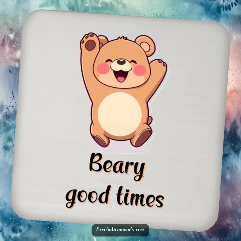 Funny Bear Somersault Coaster: Features a happy bear somersaulting with a wide smile, protecting surfaces with humor and cheer, a great accessory.