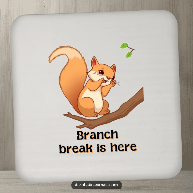 Funny squirrel drink coasters showing a curious squirrel performing a somersault on a branch, adding character to your table.