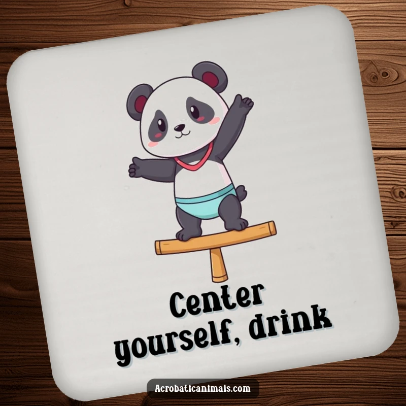 Funny drink coaster with a panda in a gymnast pose on a balance beam, adding humorous elegance.
