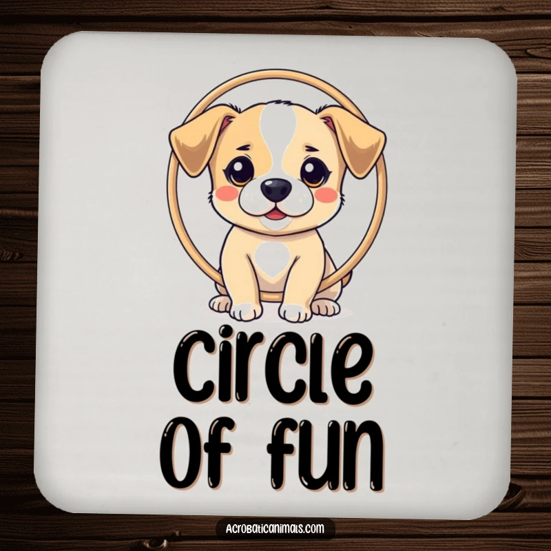 Funny coaster set featuring a small dog balancing a hoop on its nose, offering stylish and humorous protection for drinks.
