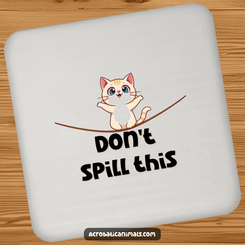 Funny drink coaster with a surprised cat character balancing on a tightrope, adding a touch of feline suspense to drinks.