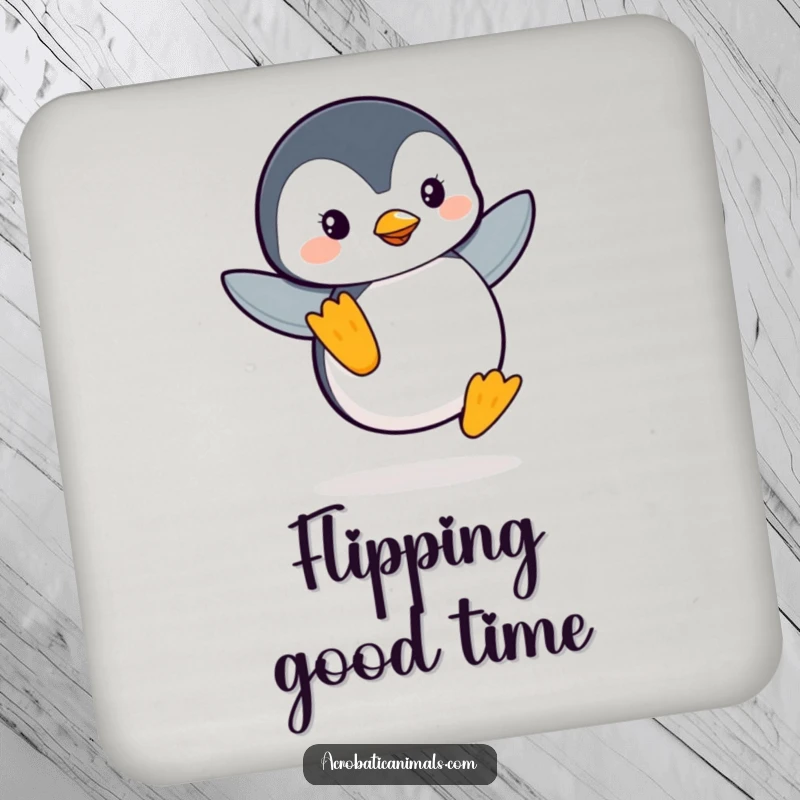 Funny Penguin Flipper Balance Coaster: Features a leaping penguin balancing on one flipper, protecting surfaces with humor and style, a great accessory.