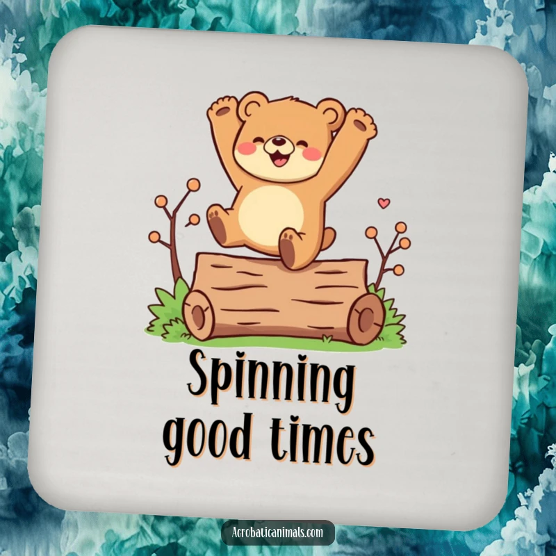 Funny drink coaster with a joyful bear character doing a cartwheel over a log, adding playful protection to drinks.