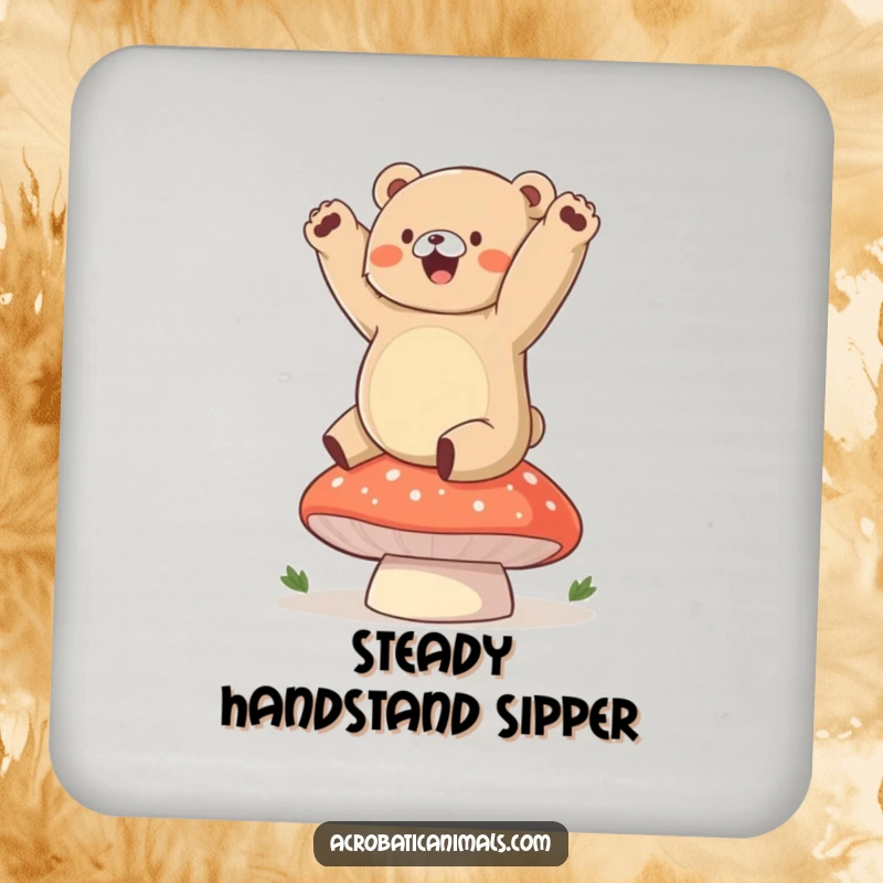 Funny bear coasters featuring a chubby cub doing a handstand on a mushroom, adding charm and humor to any table.