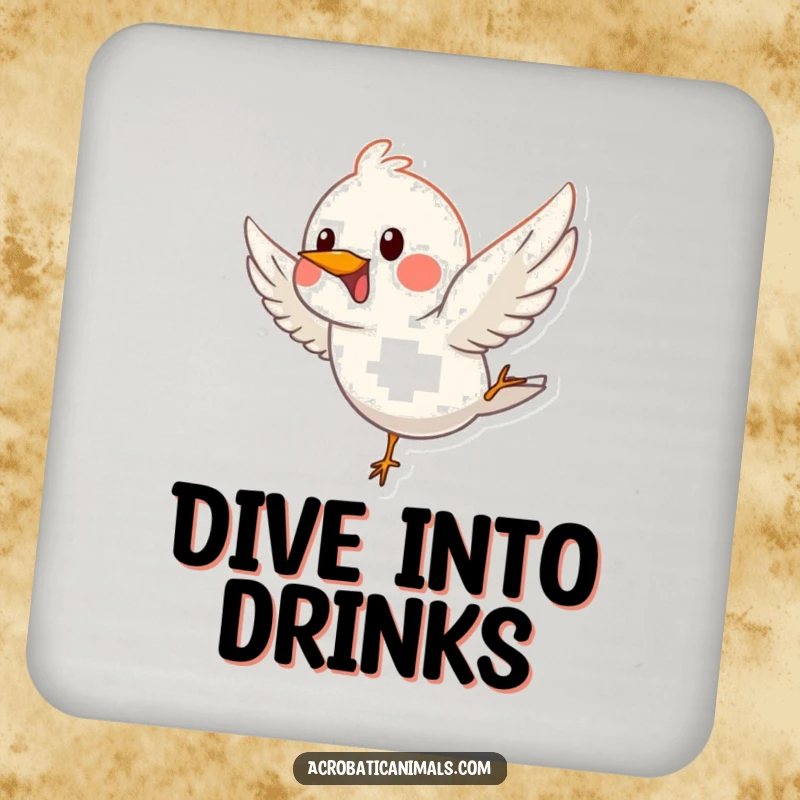 Funny drink coaster featuring a happy bird in a graceful dive, adding a touch of elegance and humor.