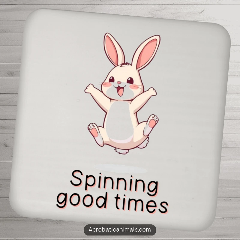 Funny coaster featuring a bouncy bunny in a perfect somersault, ready to catch drips with a smile.