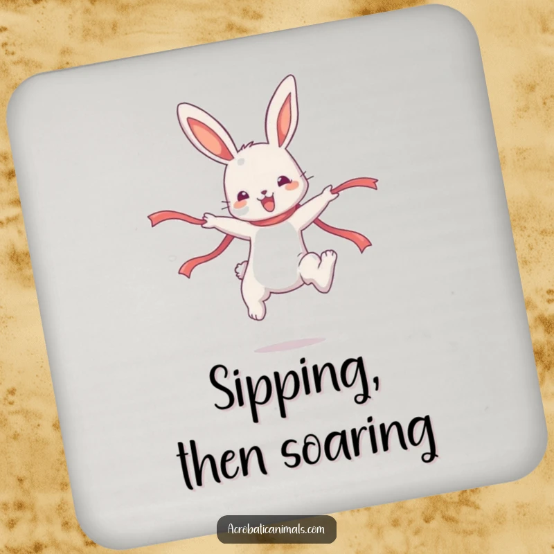 Funny Bunny Coasters: Set features a cute bunny character doing a high jump with a ribbon, adding playful decor.
