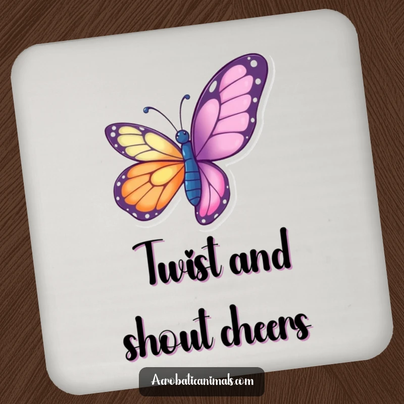 Funny butterfly drink coasters showing a vibrant butterfly doing a graceful aerial twist, adding decorative flair to your table.