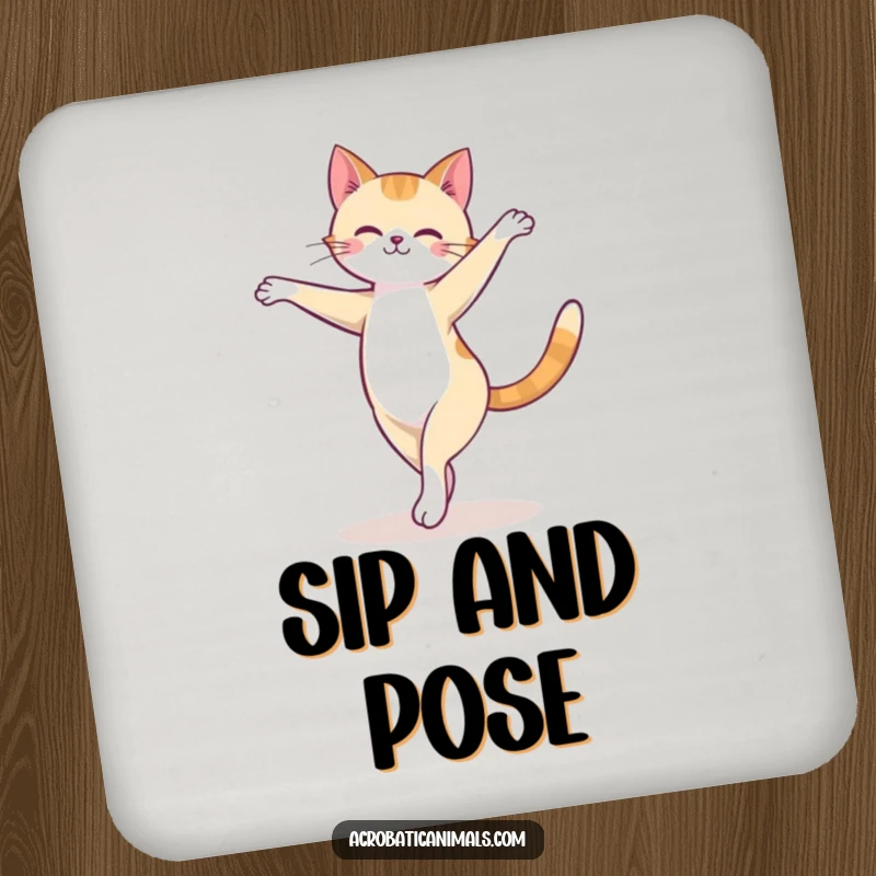 Funny cat coaster with a cute feline performing a graceful arabesque ballet pose on a balance beam, protecting surfaces with humor.