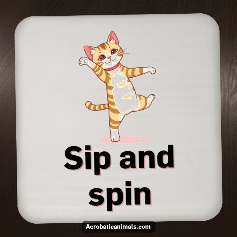 Funny coaster set featuring a striped cat performing a pirouette, offering stylish and humorous protection for drinks.