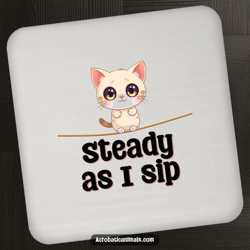 Funny cat coasters featuring a round cat with big eyes balancing on a tightrope, protecting surfaces with humor.