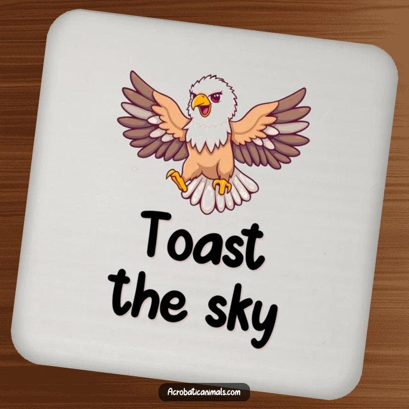 Funny eagle coaster with a proud bird soaring with outstretched wings in a loop, protecting surfaces with patriotic humor.