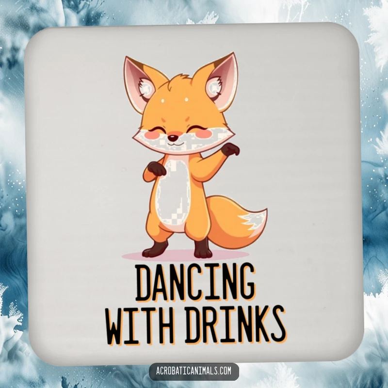 Funny fox striking a dramatic dance pose on a protective drink coaster, adding a theatrical and playful element.