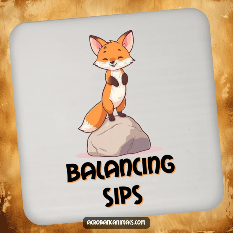 Funny drink coaster featuring a curious fox in a handstand on a rock, adding a quirky touch to table settings.