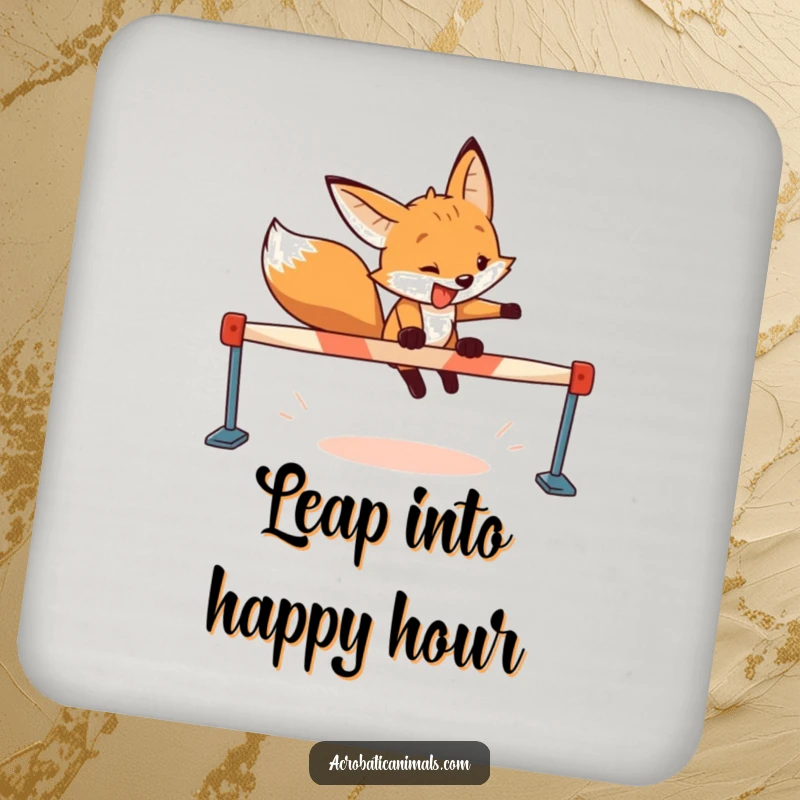 Funny fox drink coasters showing a determined fox with a wide grin leaping over a hurdle, adding character to your table.