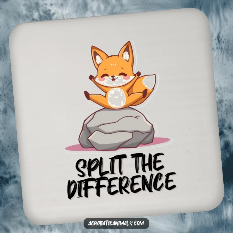 Funny drink coaster with a cheerful fox character in a split on a rock, adding playful protection and style to drinks.