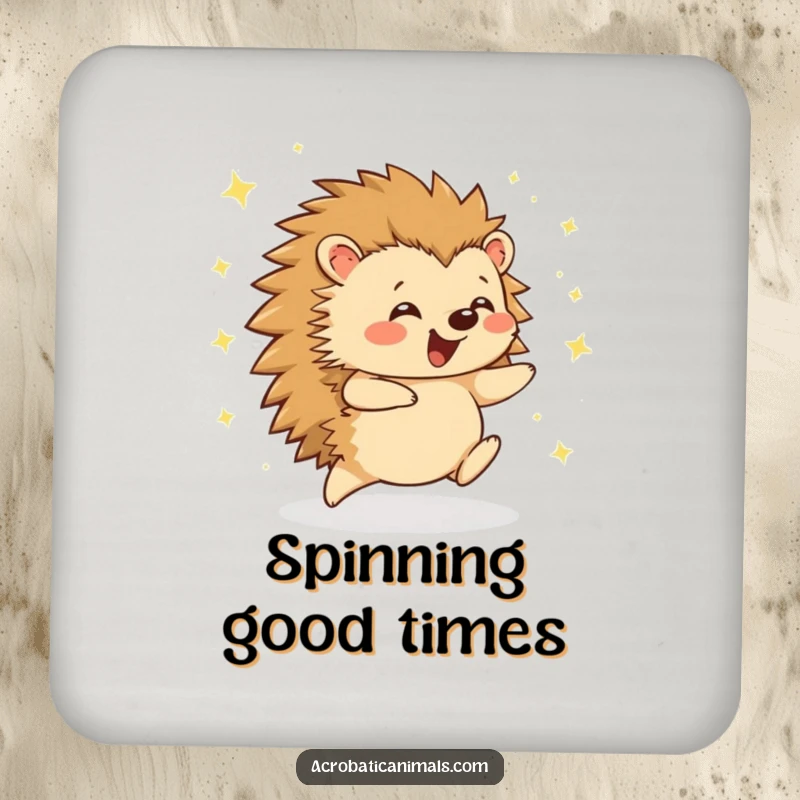 Funny hedgehog cartwheel coaster, showcasing a happy hedgehog cartwheeling with bright sparkles. Protects surfaces with humorous charm.
